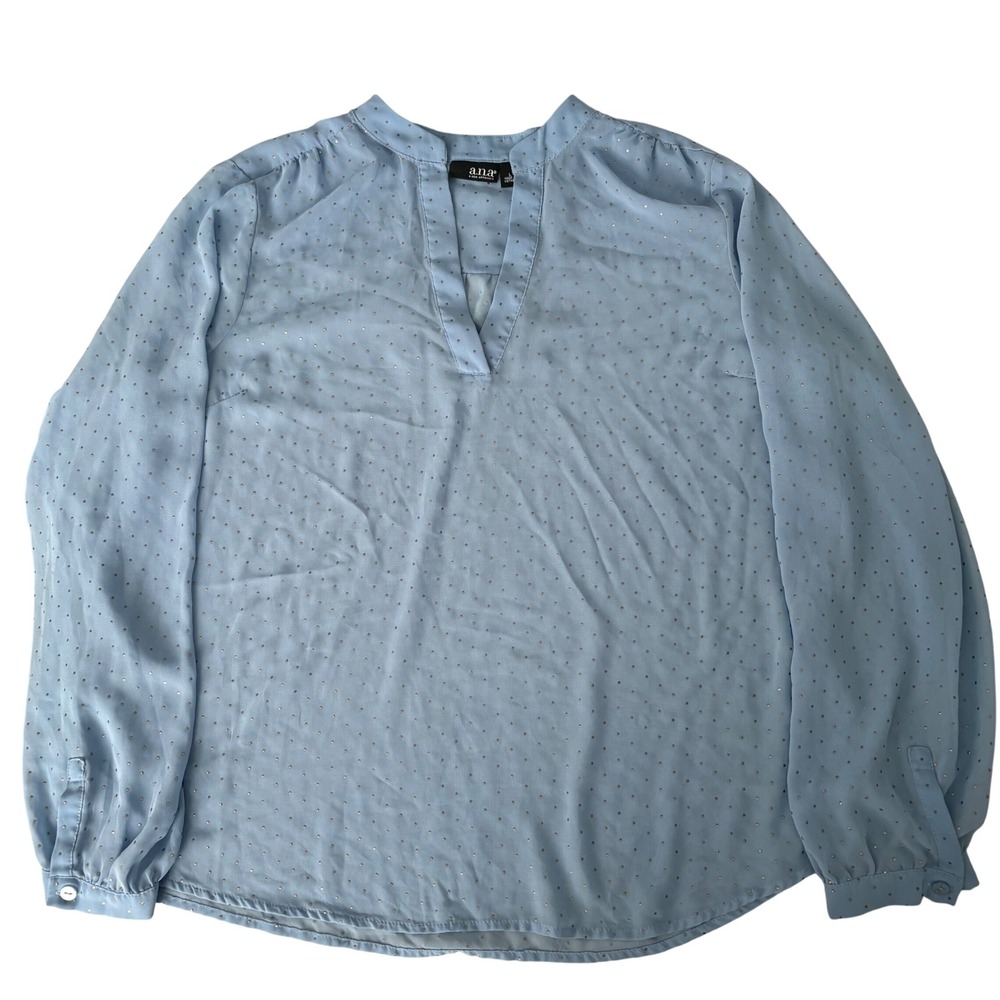a.n.a Light Blue Gold Polka Dot Split V-Neck Blouse L Long Sleeve Fairy Layer